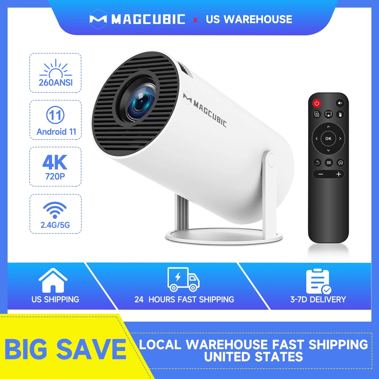 Mini Projector with WIFI 6 and Bluetooth, 4K