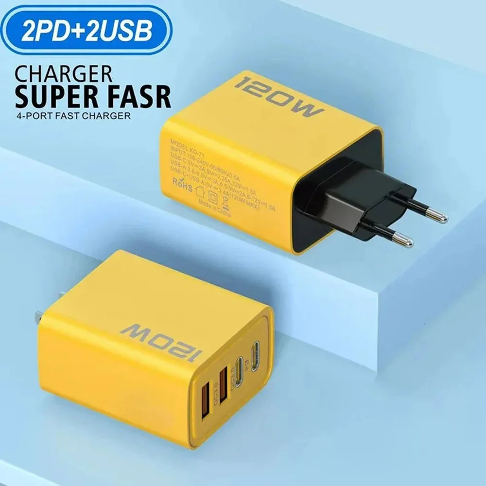 Total 120W USB Fast Charger 4Port PD Quick Charging USB 3.0 Type C EU US Plug Charger For Xiaomi iPhone 15 Pro Max Wall Adapter