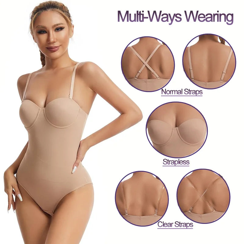 Wechery Women's Bodysuit Slimming Body Shaper Tummy Control Shapewear Detachable Shoulder Strap Female Underwear