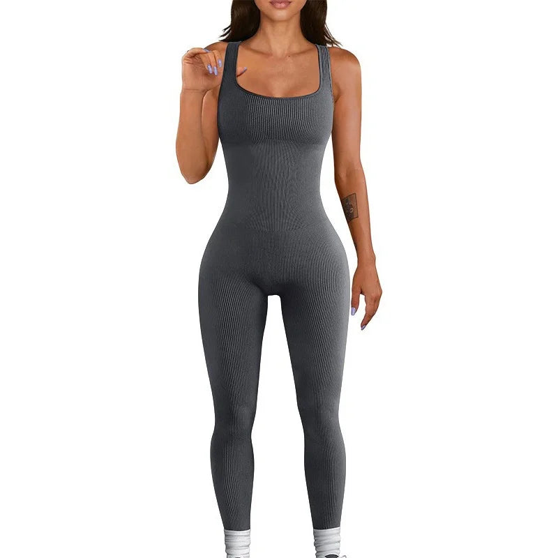 Women's Sleeveless Yoga Jumpsuit Exercise Ribbed Square Neck Vest High Waist Fitness Sports One-piece Yoga Suit