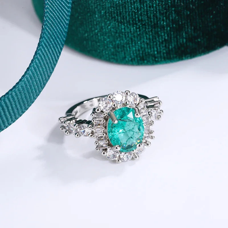 Exquisite Paraiba Green High Carbon Diamond 925 Silver Plated Ring for Women Double Crystal Anniversary Gift Party Jewelry