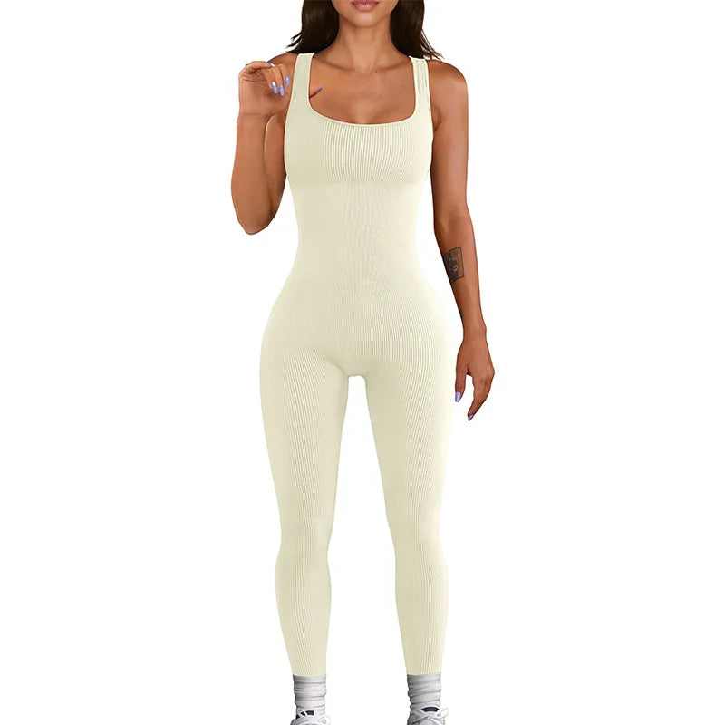 Women's Sleeveless Yoga Jumpsuit Exercise Ribbed Square Neck Vest High Waist Fitness Sports One-piece Yoga Suit