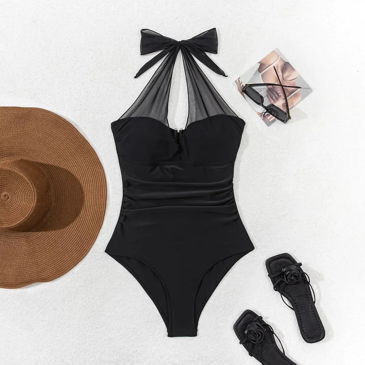 2025 New Pure Color Mesh Splice Gathered Sexy One-Piece Bikini Swimsuit Women's Cross-Border Swimwear Elegant Feminine