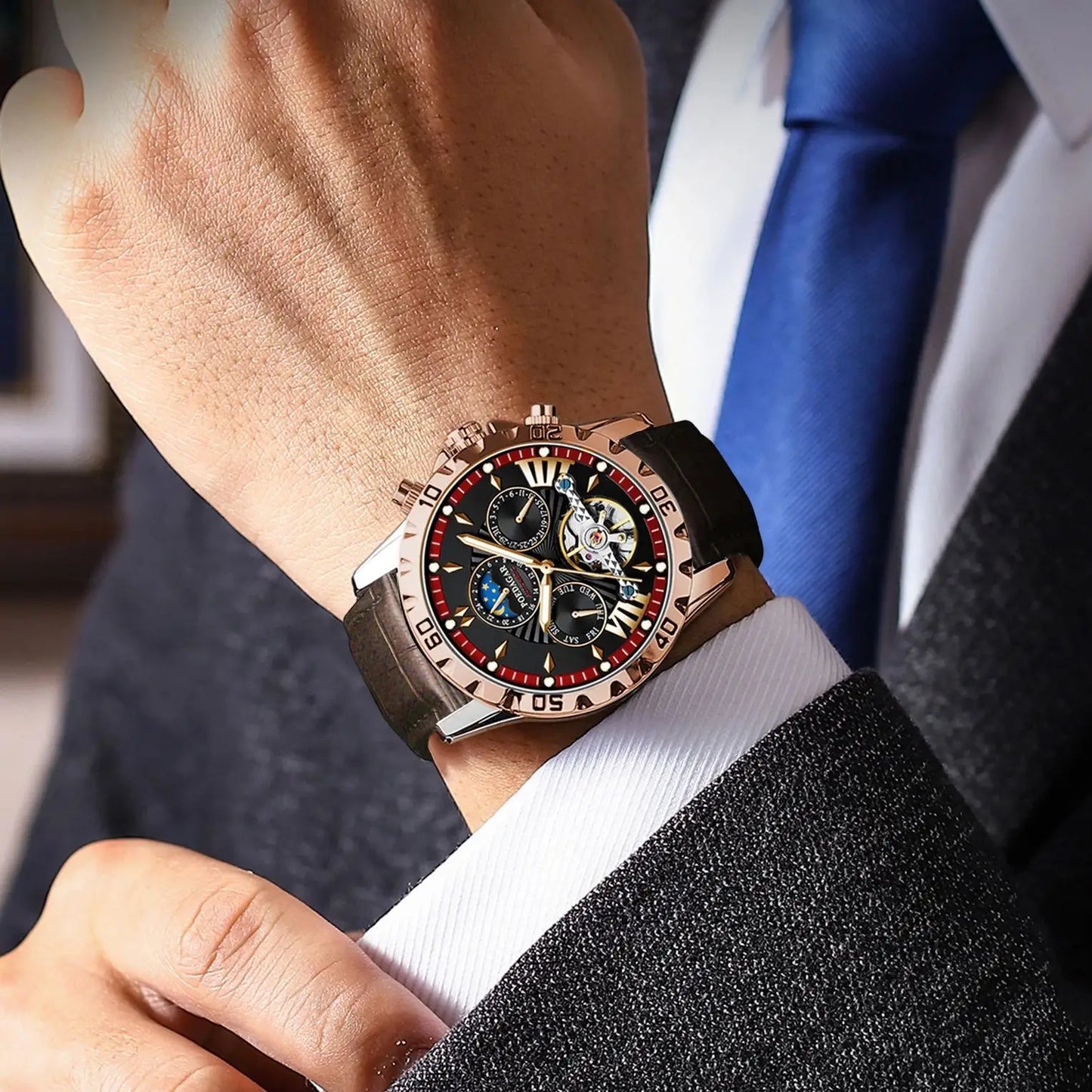 POEDAGAR Tourbillon Automatic Mechanical Wristwatch Waterproof Luminous Date Week Leather Men Watch Luxury Fashion Men's Watches