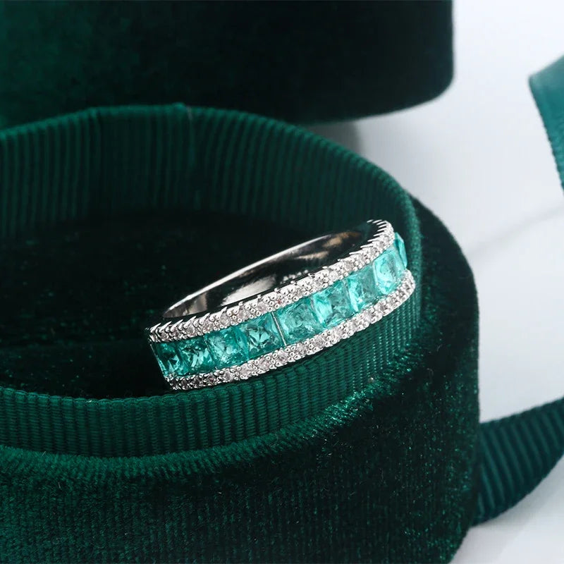 Beautiful 925 Silver Plated Women's Ring Geometric Square Green Zircon Jewelry Anniversary Gift Fashion Engagement Ring