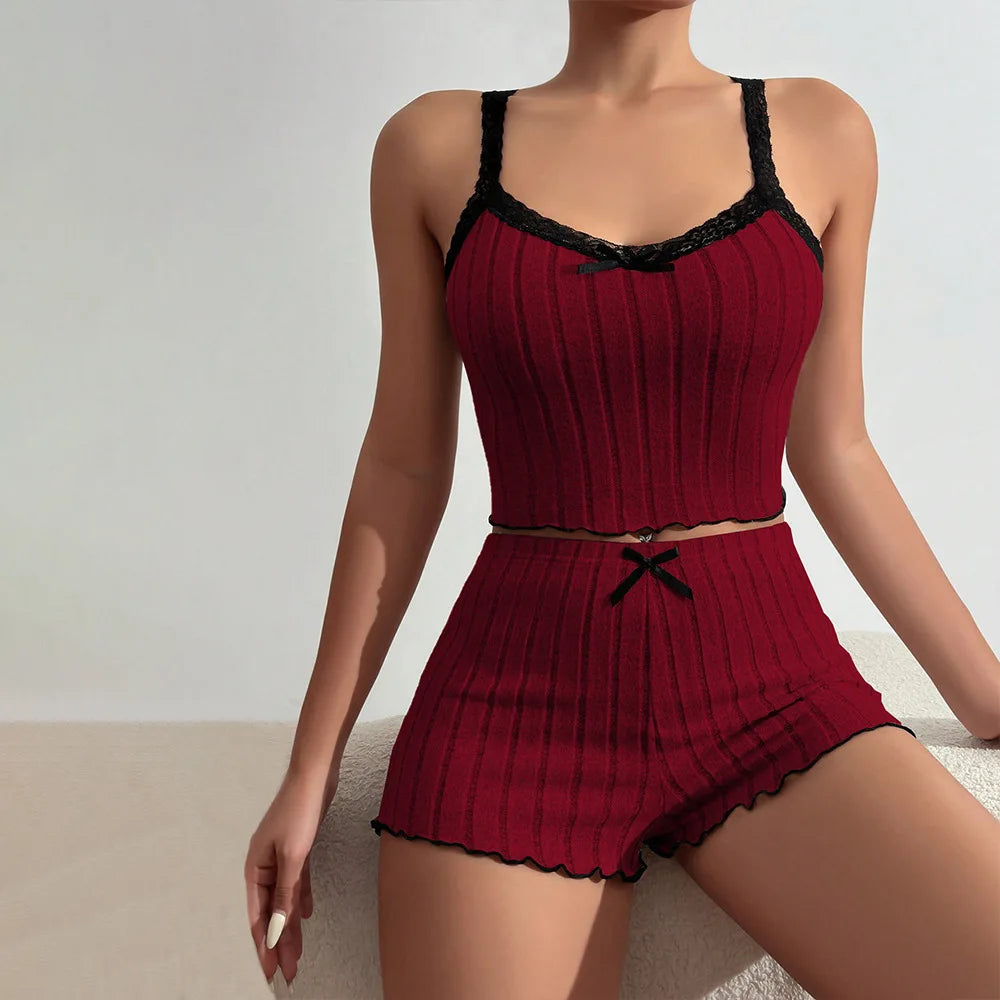 Suit Suspender Shorts Sexy Bow Print Milk Silk Suit Comfortable Home Wear Women's Pajama Suit