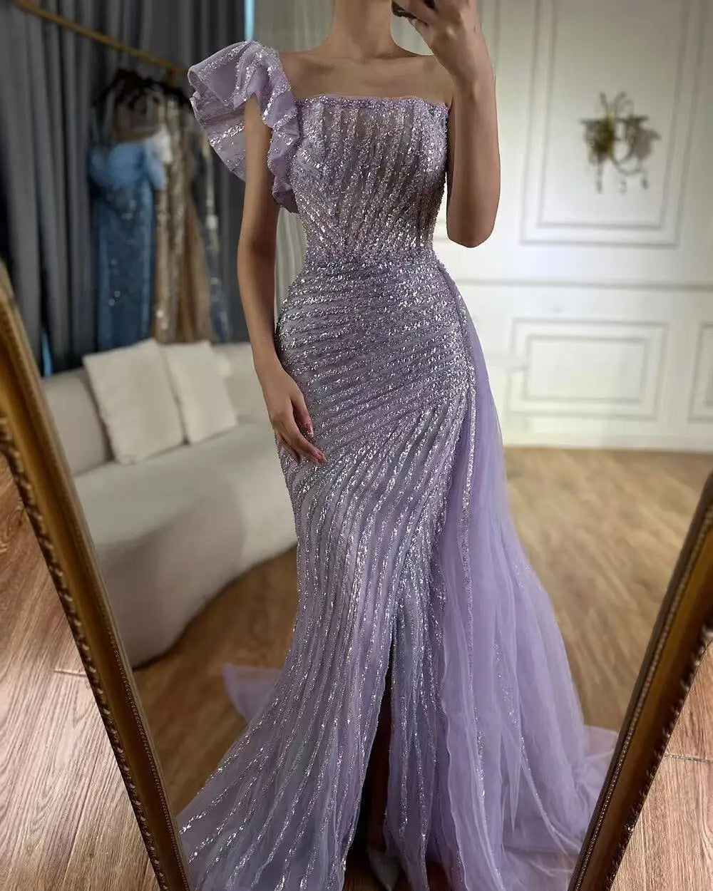SERENE HILL Customized Lilac Luxury Beaded Mermaid Evening Dress 2025 Arabic Sexy Slit Women Occasion Party Gown CLA72277