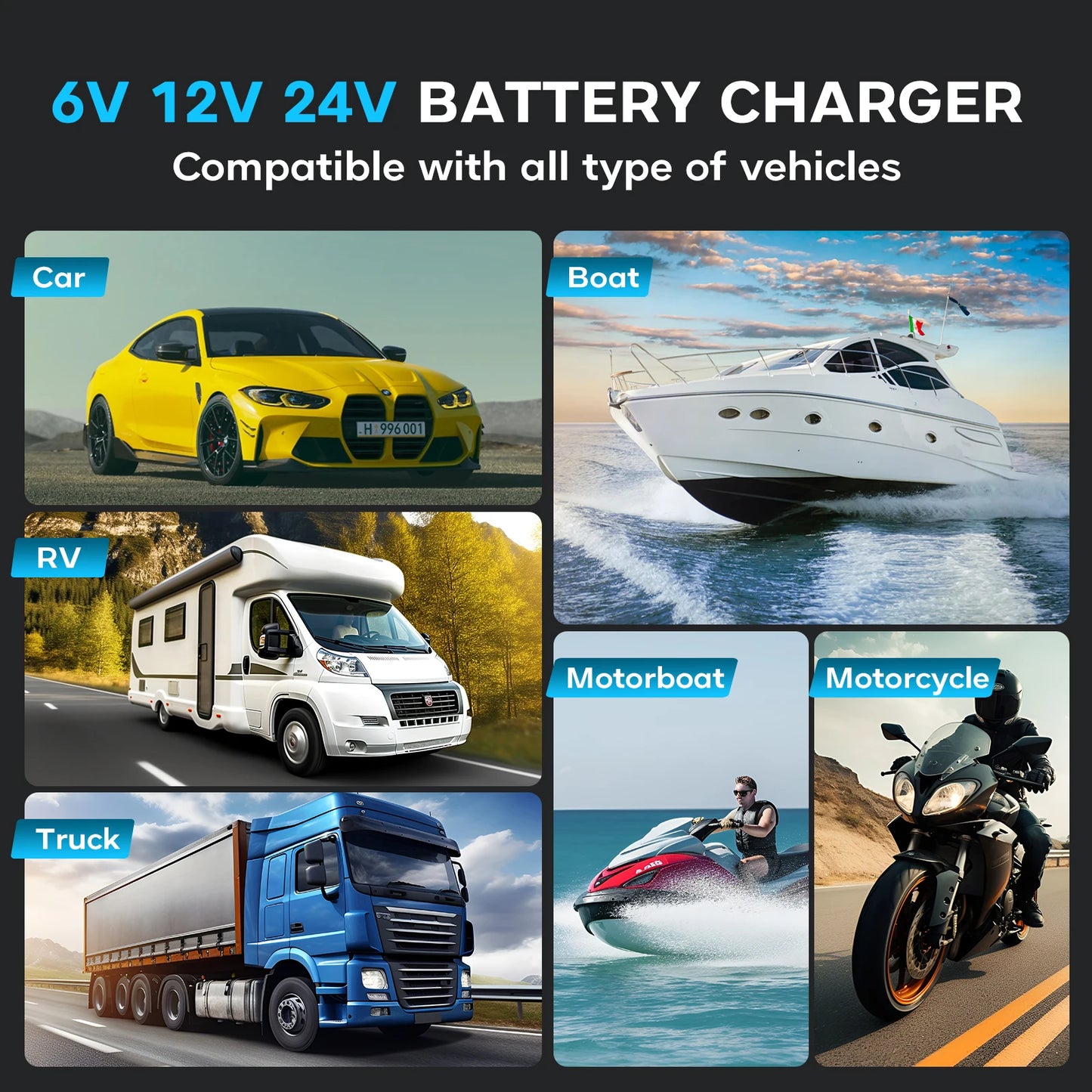 HTRC 35A Car Battery Charger 6V/12V/24V Smart Charger for Lithium LiFePO4 Lead-acid AGM Batteries Automatic Motorcycle Charger