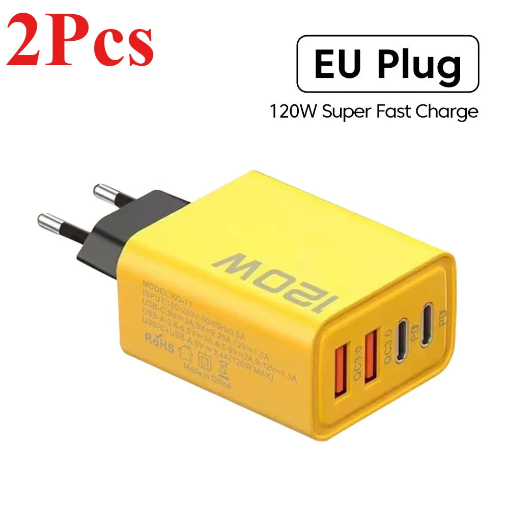 Total 120W USB Fast Charger 4Port PD Quick Charging USB 3.0 Type C EU US Plug Charger For Xiaomi iPhone 15 Pro Max Wall Adapter