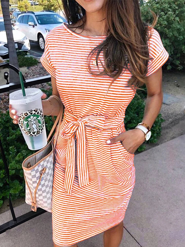 Summer Casual Stripe Women Tshirt Dress Elegant O Neck Short Sleeve Sashes Pocket Black Pink Sundress Cotton Midi Dress