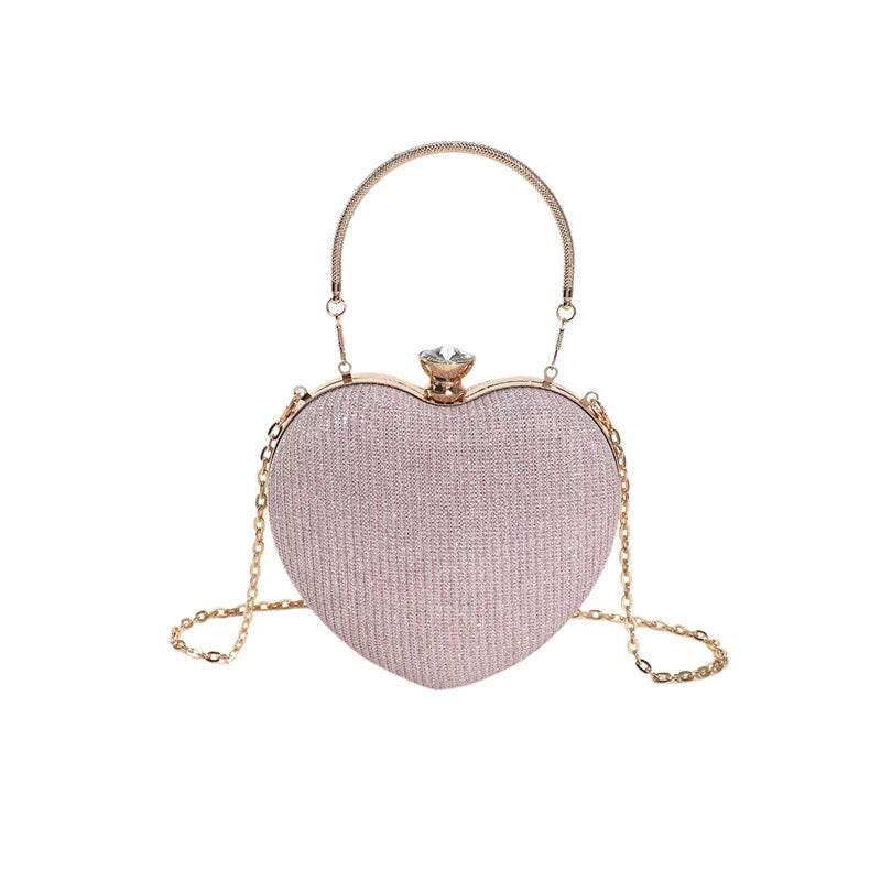 Evening Clutch Bag Women Bag Shiny Handbag Heart Shape Metal Clutches Bag Fashion Chain Shoulder Crossbody Bag Luxury Lady Purse