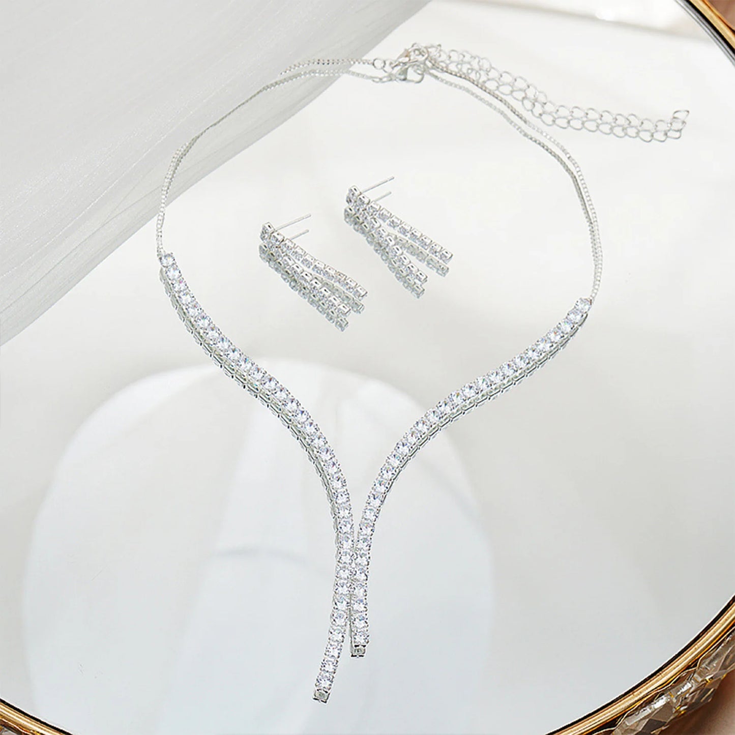 2pcs Women Jewelry Rhinestone Necklace Set French Vintage Earring Necklace Bride Wedding Photo Accessories For Bridesmaids Gifts
