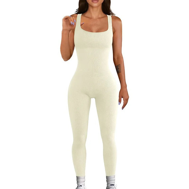 Women's Sleeveless Yoga Jumpsuit Exercise Ribbed Square Neck Vest High Waist Fitness Sports One-piece Yoga Suit