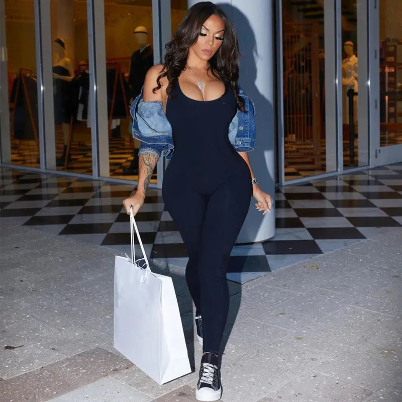 Summer Sexy One Piece Jumpsuit Women Solid Slim Spring Bodycon Backless Sports Fitness Playsuit Sleeveless Romper Female