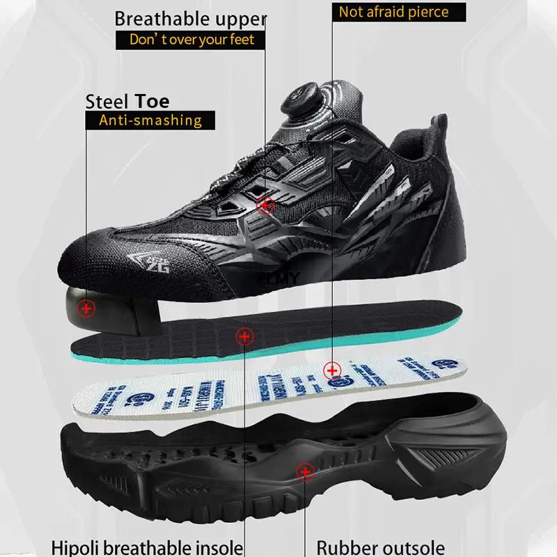 Quality Rotated Button Safety Shoes Men Steel Toe Working Sneakers Light Stab Proof Work Boots Man Anti-smash Security Footwear