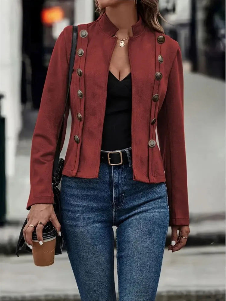 Spring Auutmn Jacket Blazer Coat Double-breasted Stand Collar Buttons Slim Long Sleeves Retro Cardigan Women Outdoor Suit Jacket