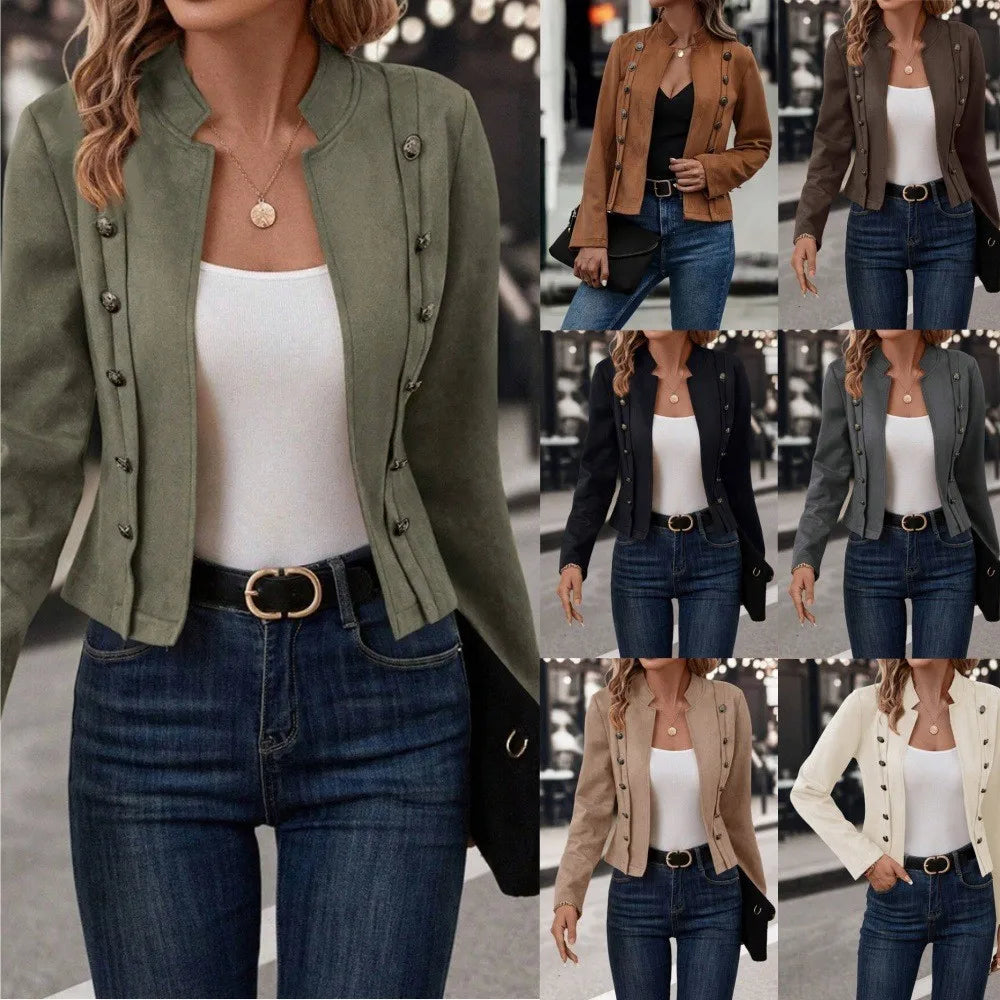 Spring Auutmn Jacket Blazer Coat Double-breasted Stand Collar Buttons Slim Long Sleeves Retro Cardigan Women Outdoor Suit Jacket