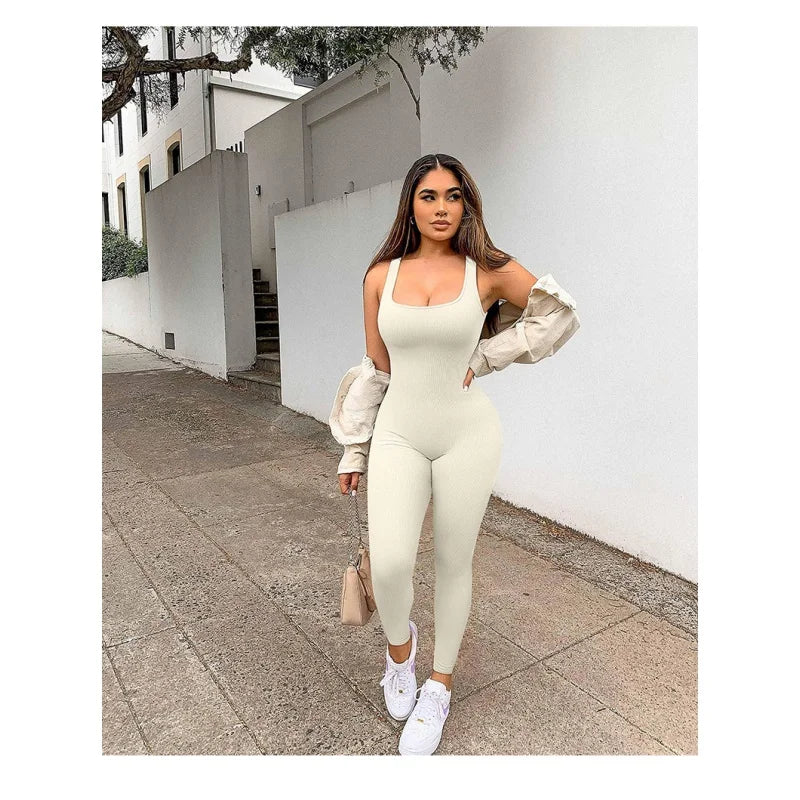 Women's Sleeveless Yoga Jumpsuit Exercise Ribbed Square Neck Vest High Waist Fitness Sports One-piece Yoga Suit