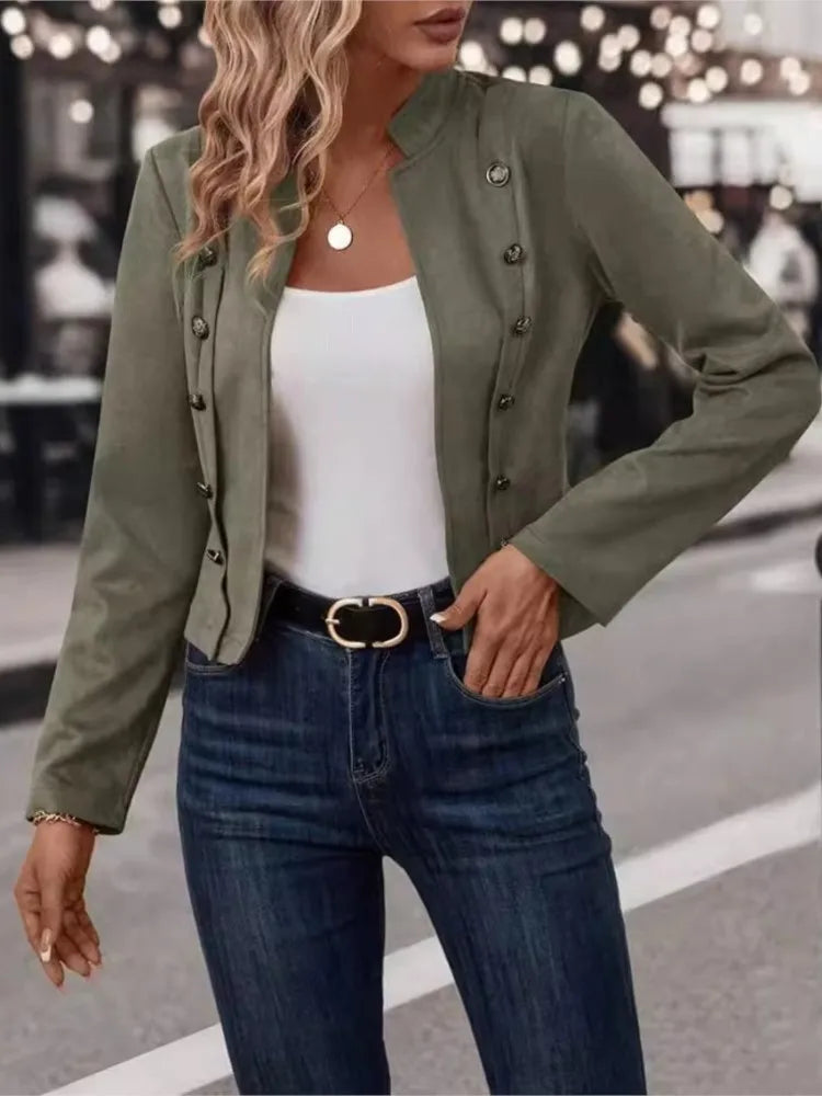 Spring Auutmn Jacket Blazer Coat Double-breasted Stand Collar Buttons Slim Long Sleeves Retro Cardigan Women Outdoor Suit Jacket
