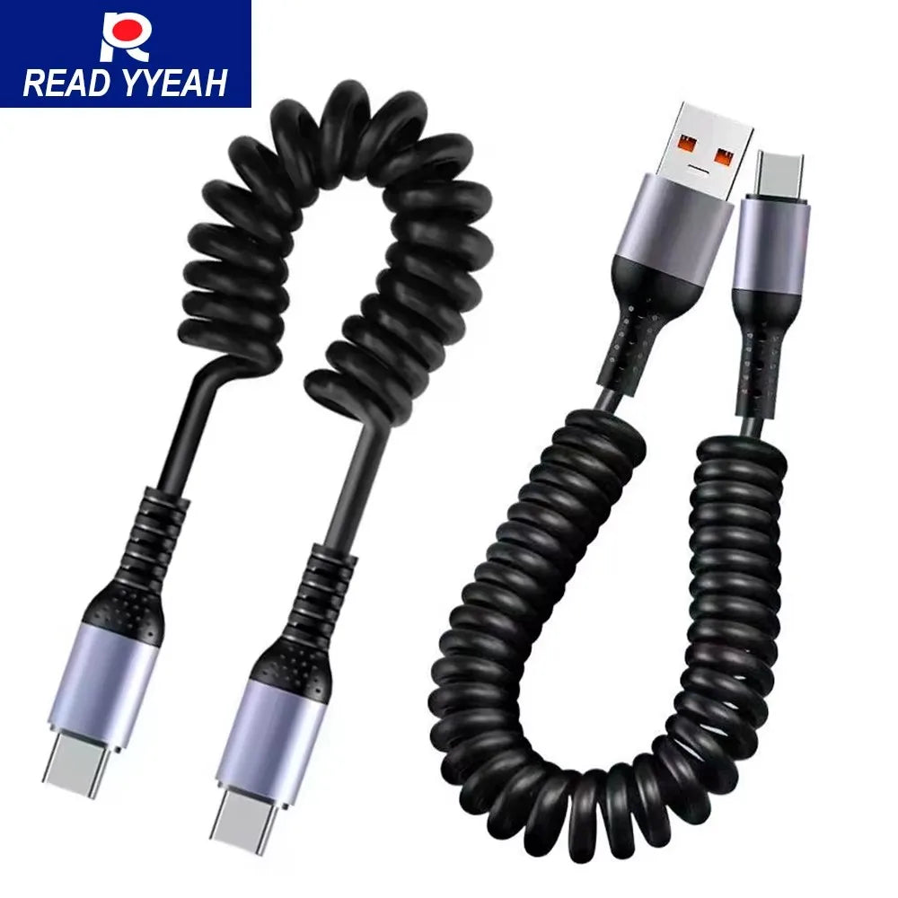 120W 6A USB Type C Data Cable Spring Telescopic Car Phone Charger USB C To Type C PD Fast Charging Cable for iPhone 15/14/13/12