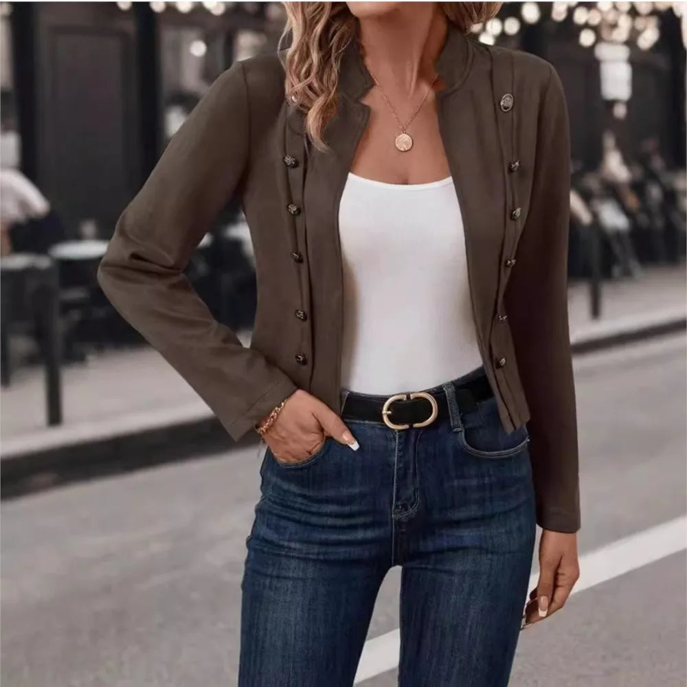 Spring Auutmn Jacket Blazer Coat Double-breasted Stand Collar Buttons Slim Long Sleeves Retro Cardigan Women Outdoor Suit Jacket