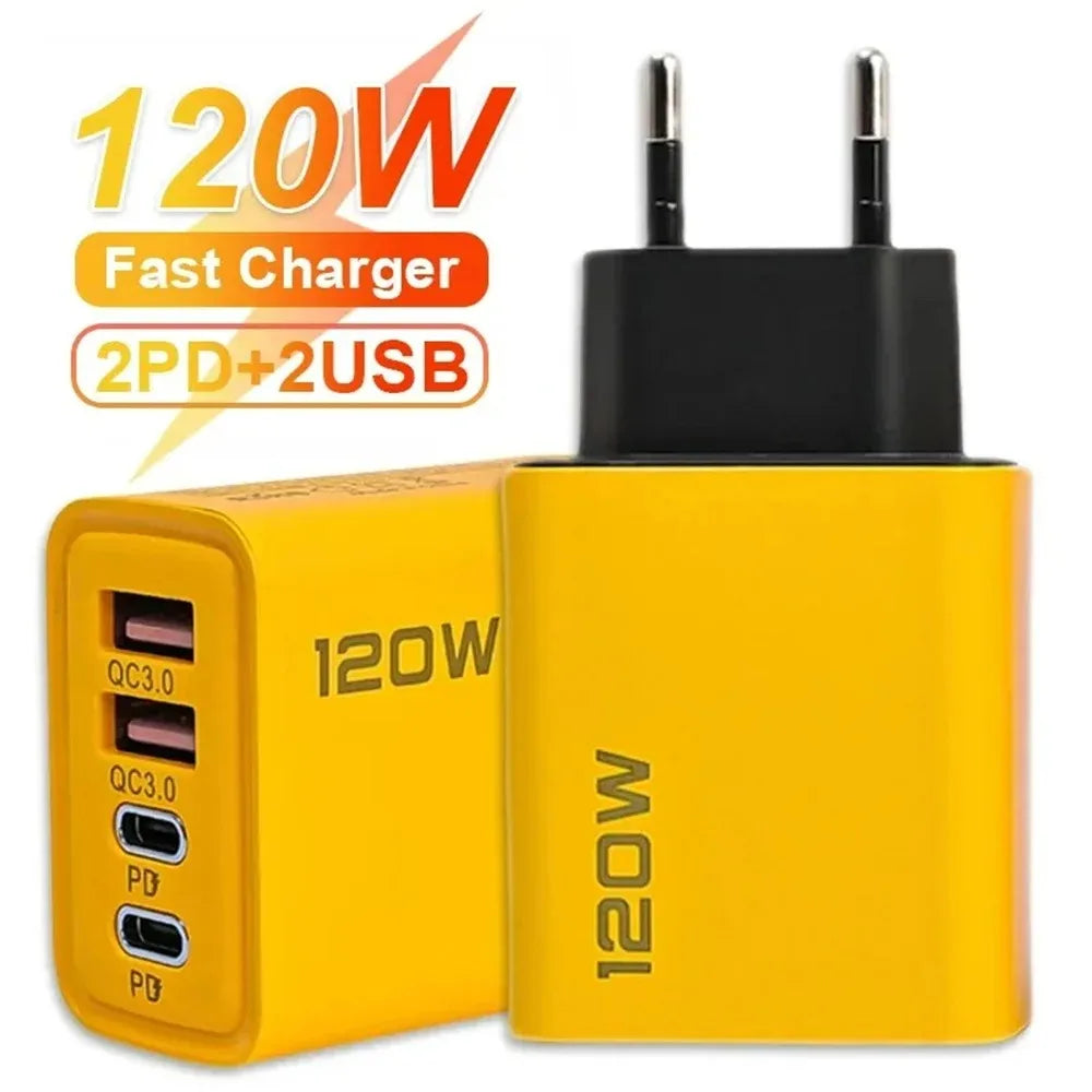 Total 120W USB Fast Charger 4Port PD Quick Charging USB 3.0 Type C EU US Plug Charger For Xiaomi iPhone 15 Pro Max Wall Adapter