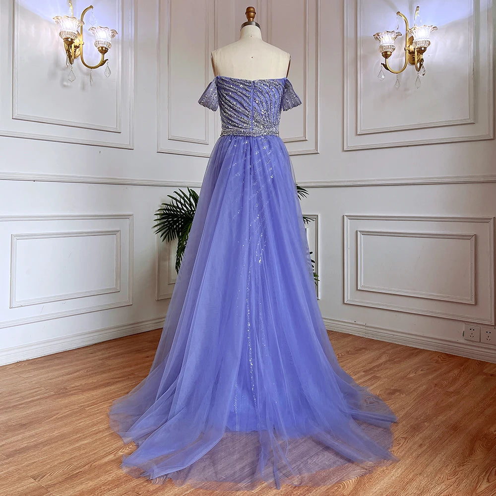 Serene Hill Blue Sexy Boat Neck Split Mermaid Elegant Beaded Arabic Evening Dresses Gowns Customize Wedding Party 2025 BLA71858