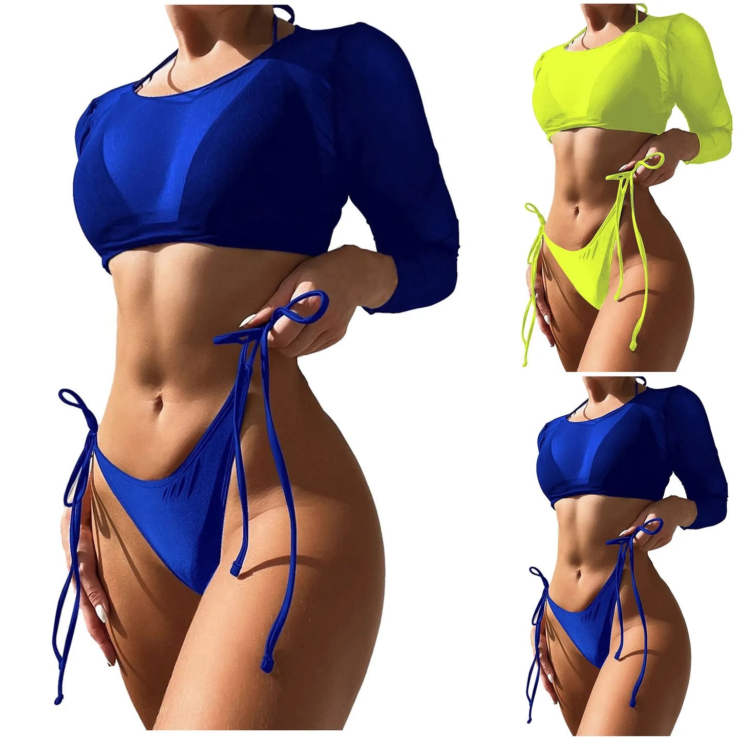 3pcs/Set Women Swimsuit Set Padded Halter Bra High Waist Lace-Up Briefs Cropped Cover-Up Summer Beachwear Push Up Bathing Suit