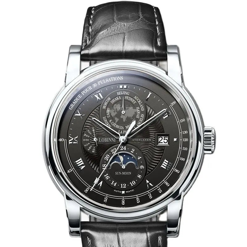 LOBINNI Luxury Brand Seagull ST16K3-3A Automatic Mechanical Men's Watches Sapphire World Time Moon Phase Waterproof Clock L16003