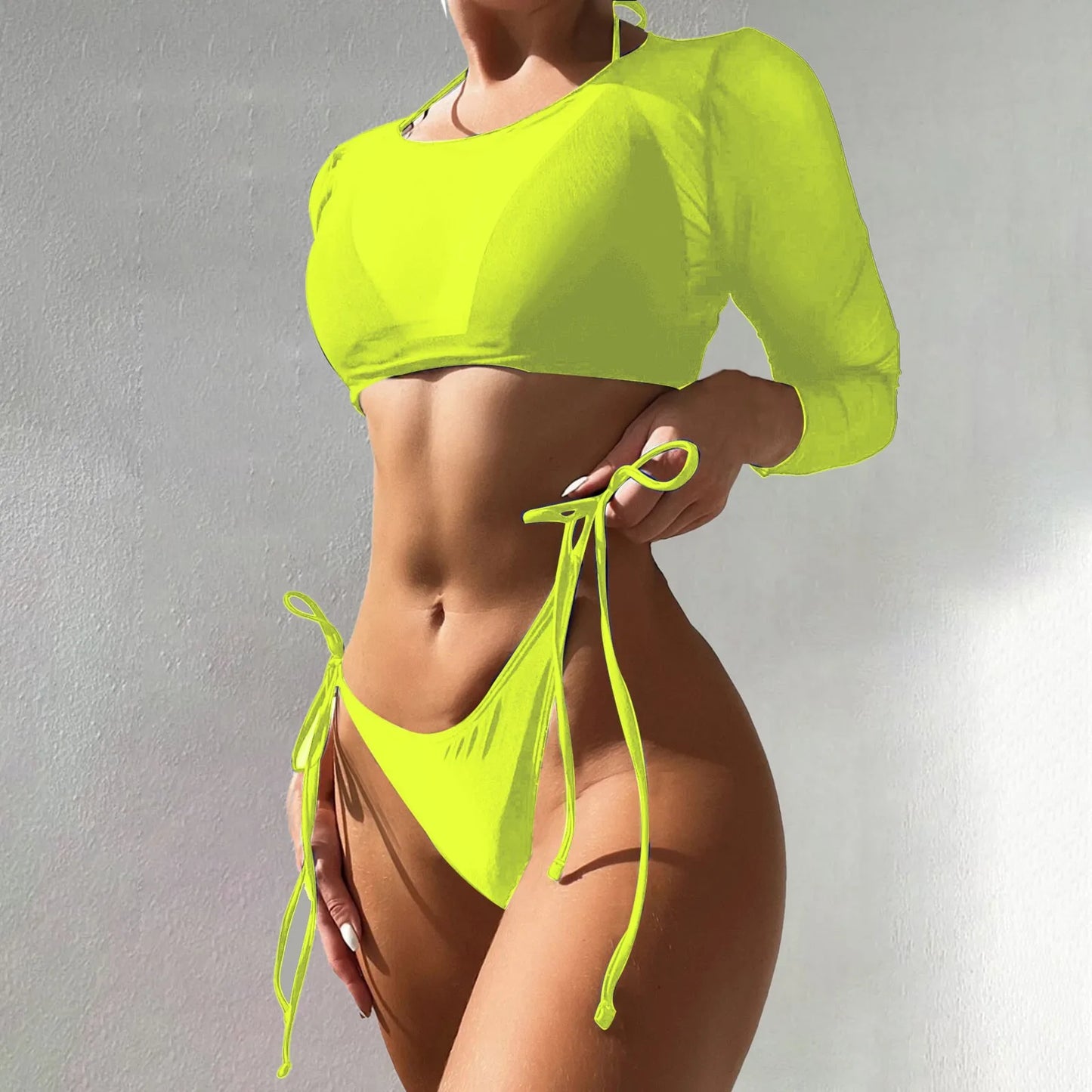 3pcs/Set Women Swimsuit Set Padded Halter Bra High Waist Lace-Up Briefs Cropped Cover-Up Summer Beachwear Push Up Bathing Suit