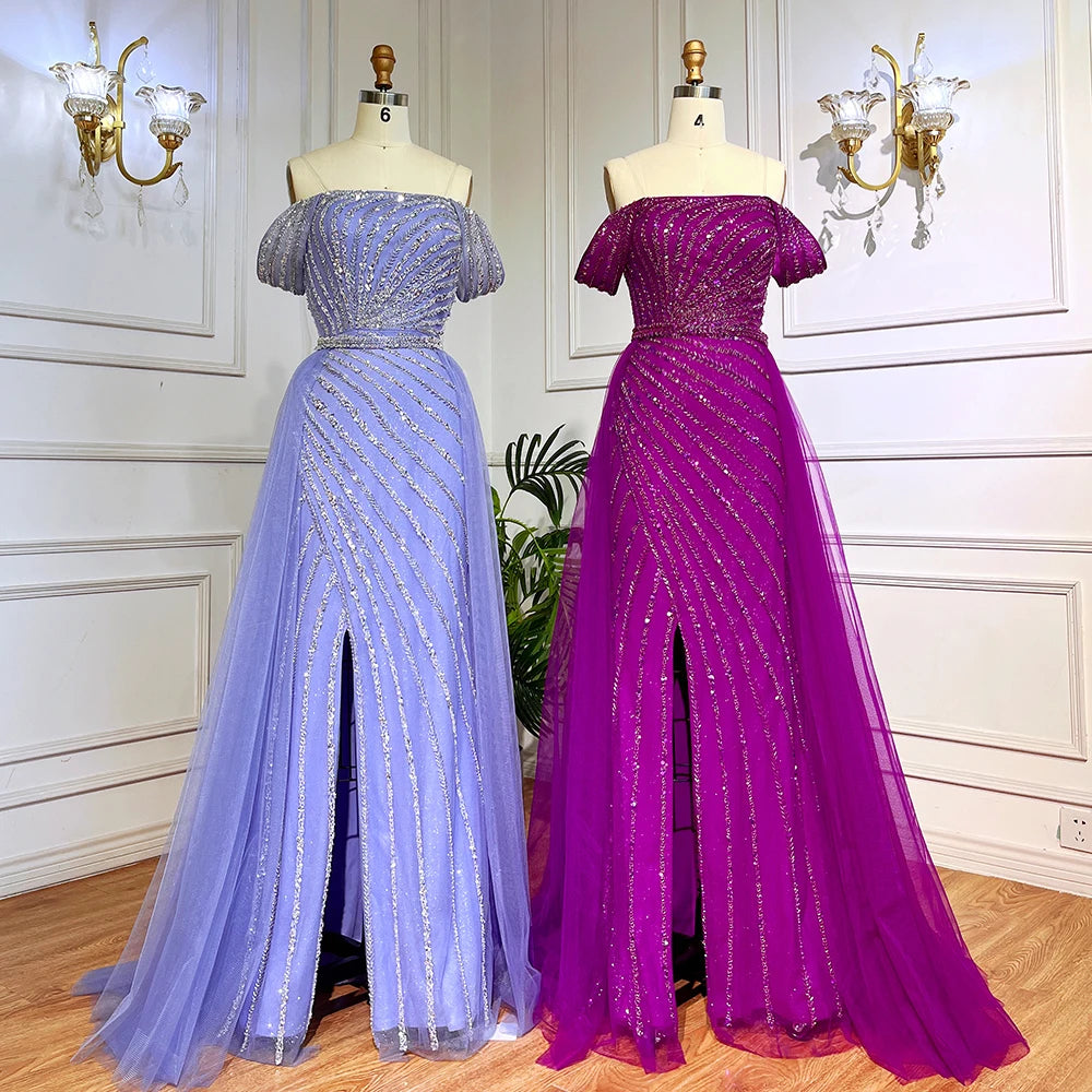 Serene Hill Blue Sexy Boat Neck Split Mermaid Elegant Beaded Arabic Evening Dresses Gowns Customize Wedding Party 2025 BLA71858