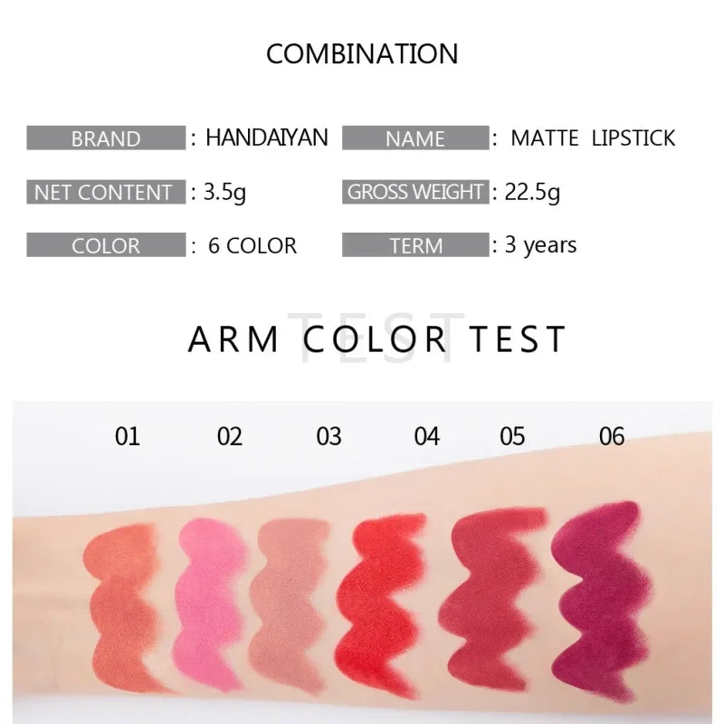 HANDAIYAN Moisturizing Long-Lasting Matte Lipstick 6-Color Non-Stick Cup Show Temperament Sexy Nude Makeup Lipsticks Cosmetics