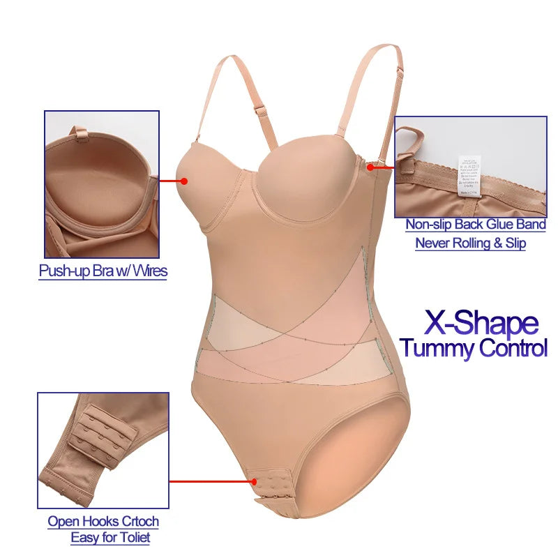 Wechery Women's Bodysuit Slimming Body Shaper Tummy Control Shapewear Detachable Shoulder Strap Female Underwear
