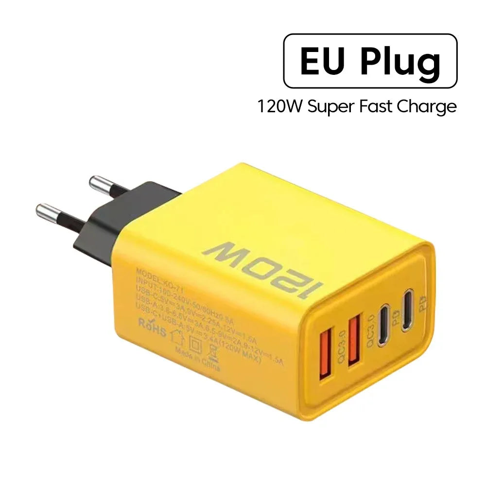 Total 120W USB Fast Charger 4Port PD Quick Charging USB 3.0 Type C EU US Plug Charger For Xiaomi iPhone 15 Pro Max Wall Adapter