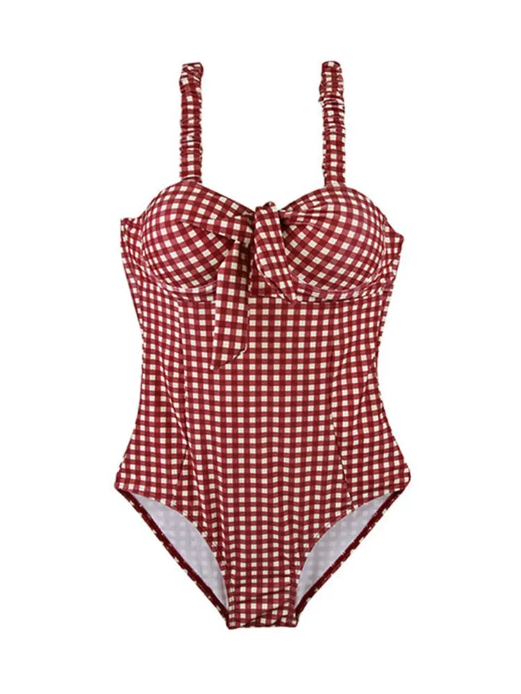 OIINAA Plaid Sexy Swimming Suit Women Swimsuit Bow Chic One Piece Bodysuit Backless Swimwear Bathing Suit Simple Fashion Bikinis