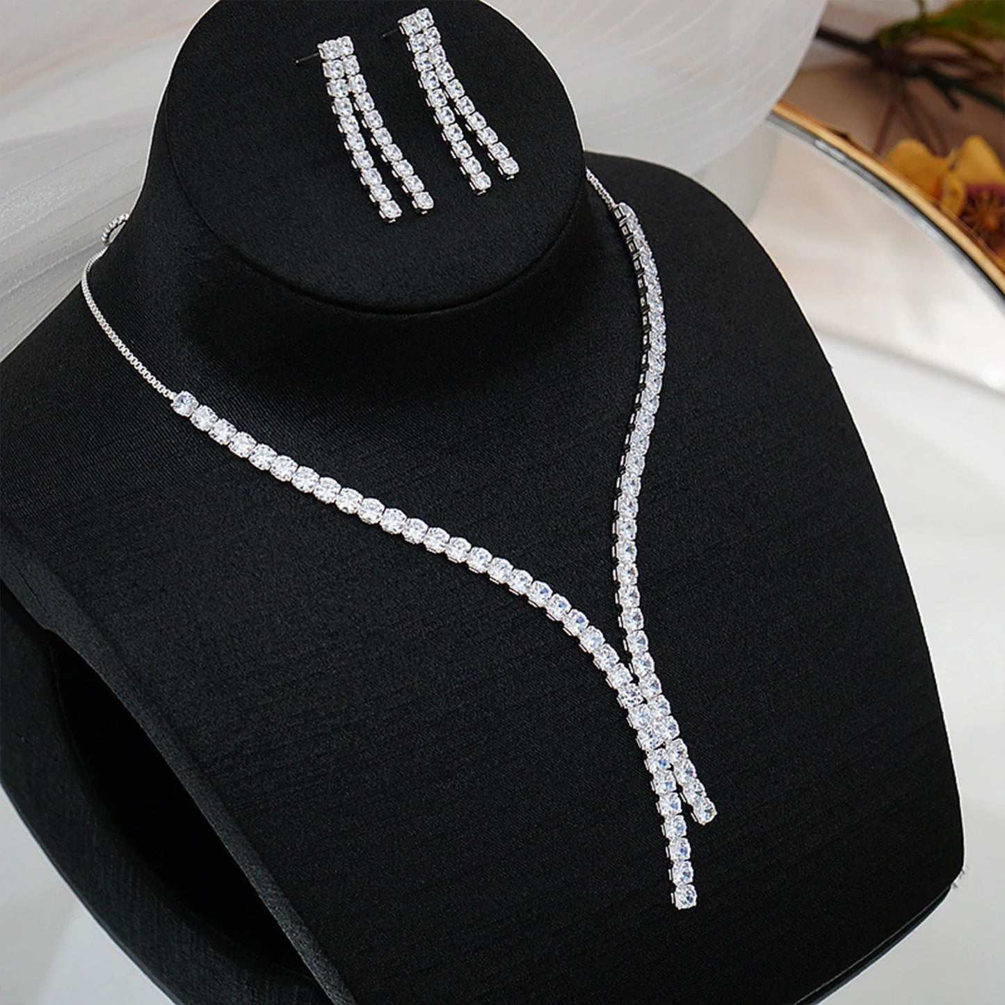 2pcs Women Jewelry Rhinestone Necklace Set French Vintage Earring Necklace Bride Wedding Photo Accessories For Bridesmaids Gifts