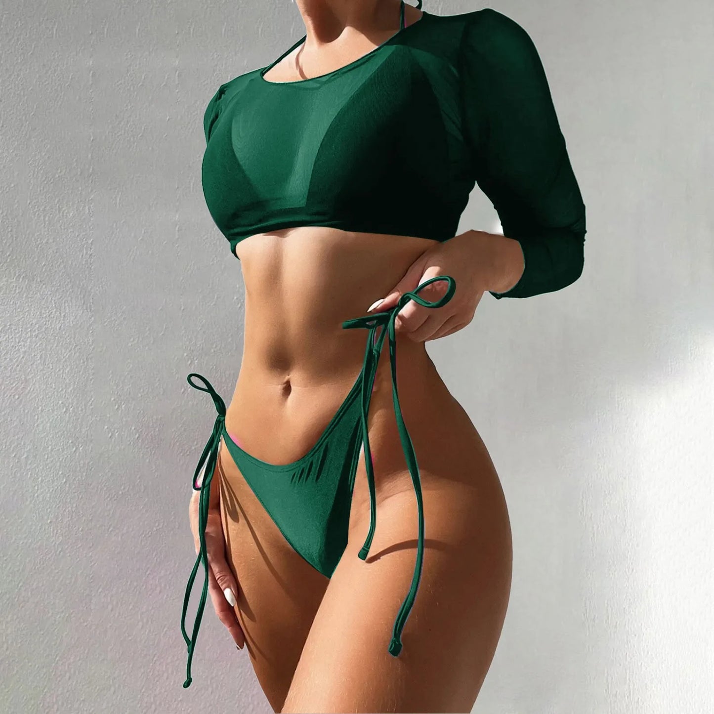3pcs/Set Women Swimsuit Set Padded Halter Bra High Waist Lace-Up Briefs Cropped Cover-Up Summer Beachwear Push Up Bathing Suit