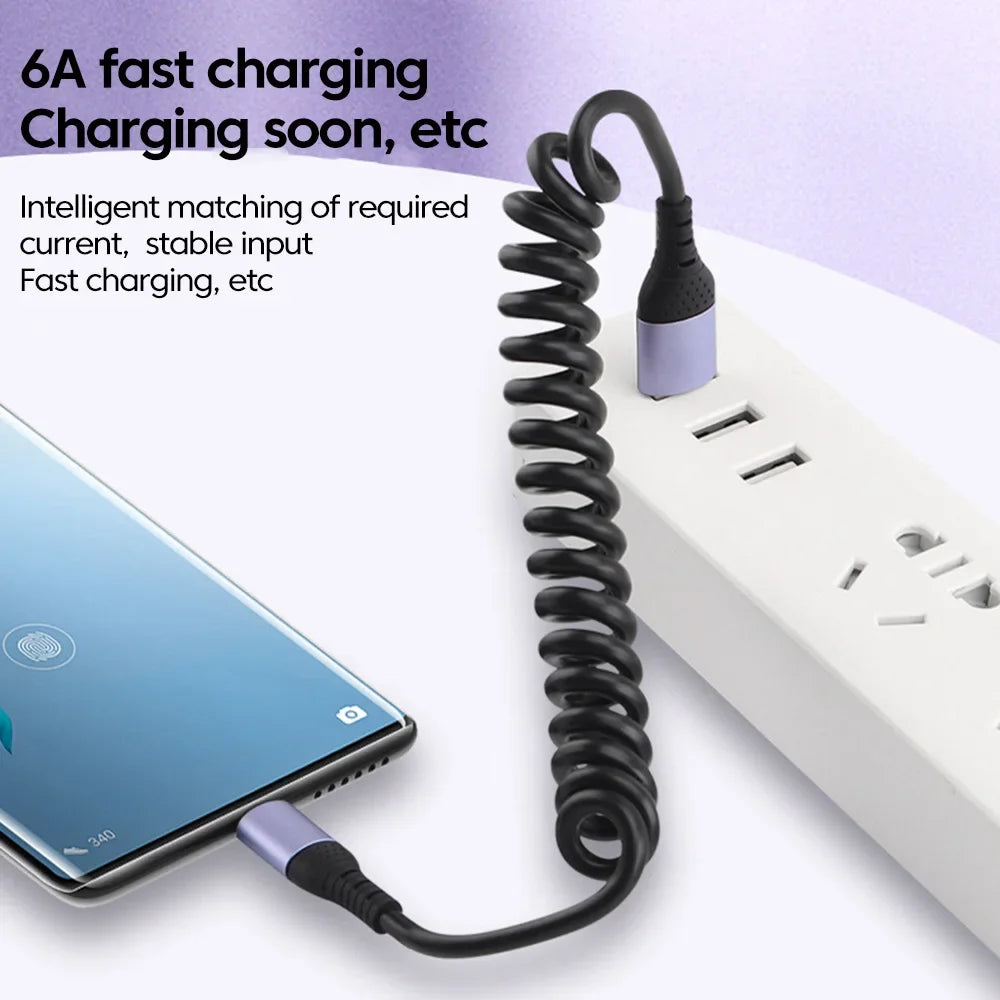 120W 6A USB Type C Data Cable Spring Telescopic Car Phone Charger USB C To Type C PD Fast Charging Cable for iPhone 15/14/13/12