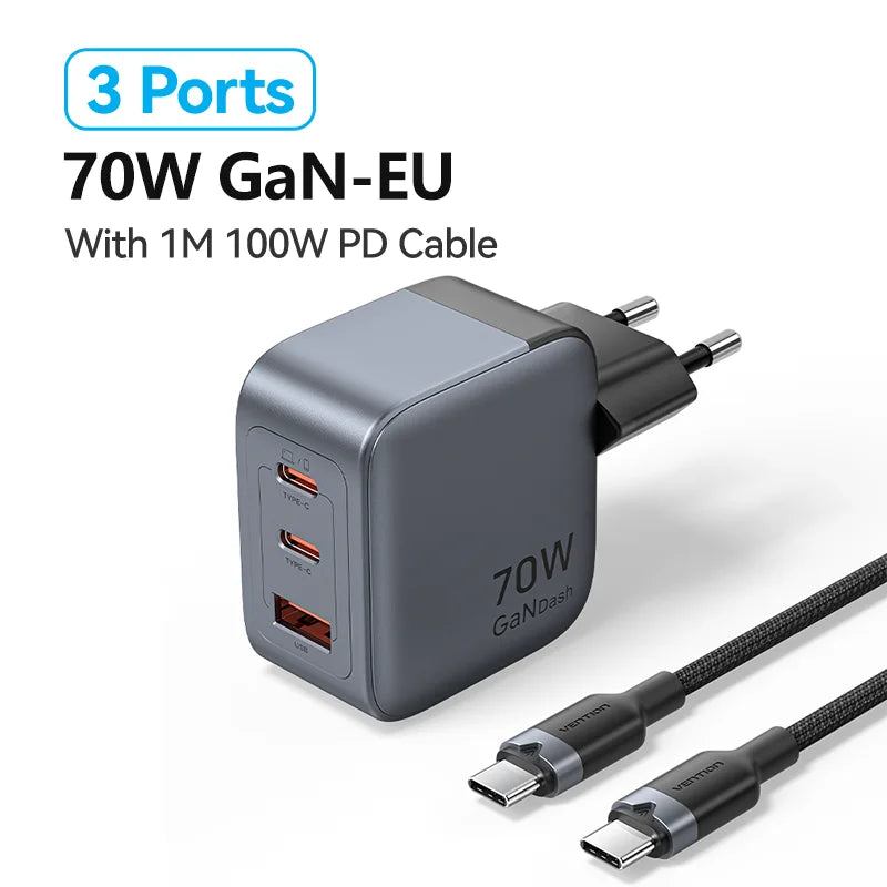 Vention 70W GaN Fast Charger USB Type-C Quick Charge 4.0 3.0 USB for iPhone 16/15/14 pro MacBook Air Laptop Tablet PD GaN Charge