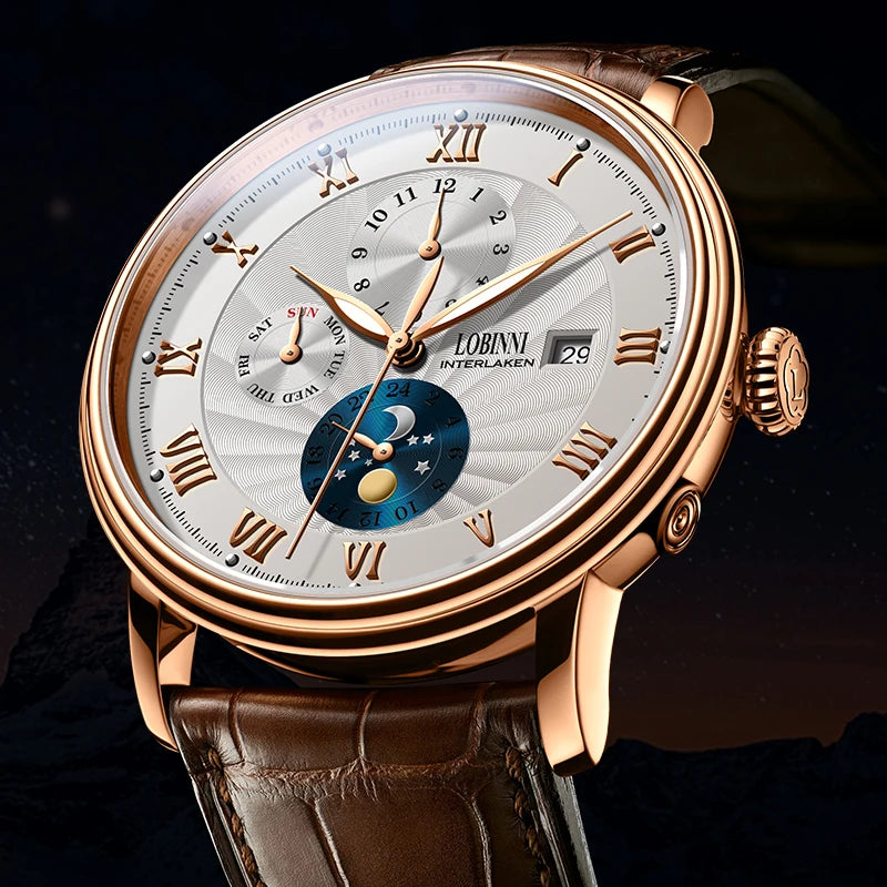 LOBINNI Men Watches Fashion Brand wrist watch Seagull Automatic Mechanical Clock Sapphire Moon Phase relogio masculino L1023B-2