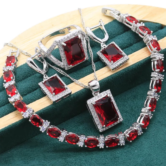 Noble Red Ruby 925 Sterling Silver Jewelry Sets For Women Wedding Bracelet Long Earrings Necklace pendant Ring Christmas Gift