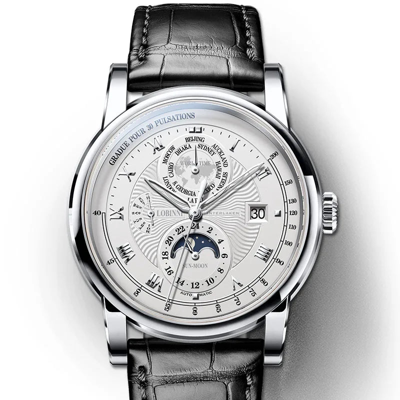 Switzerland LOBINNI Men Watch Luxury Brand Moon Phase Automatic Mechanical Men's Wirstwatches Sapphire Leather Seagull Movement