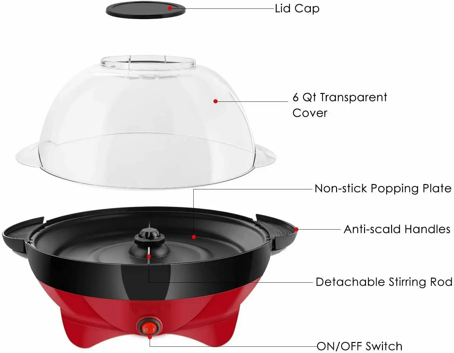 Popcorn Machine, 6QT Popcorn Maker, 800W Electric Stirring Popcorn Popper with Quick-Heat Technology,Removable Non-Stick