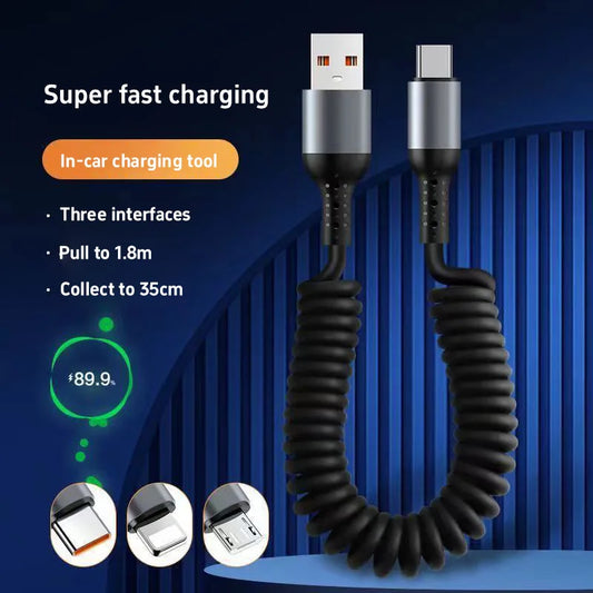 120W 6A USB Type C Data Cable Spring Telescopic Car Phone Charger USB C To Type C PD Fast Charging Cable for iPhone 15/14/13/12