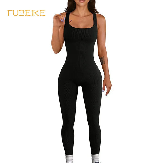 Women's Sleeveless Yoga Jumpsuit Exercise Ribbed Square Neck Vest High Waist Fitness Sports One-piece Yoga Suit