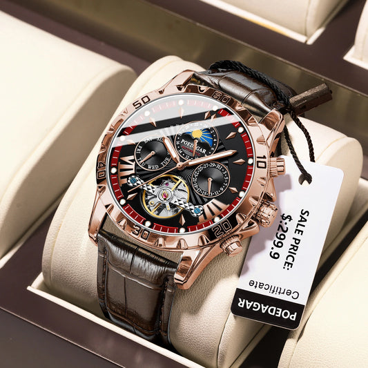 POEDAGAR Tourbillon Automatic Mechanical Wristwatch Waterproof Luminous Date Week Leather Men Watch Luxury Fashion Men's Watches