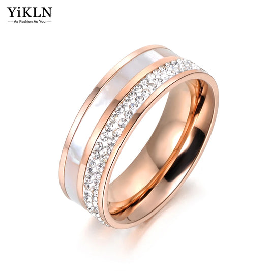 YiKLN Original Design Rose Gold Rhinestone Shell Wedding Rings Jewelry 316L Stainless Steel Engagement Ring For Women YR18050