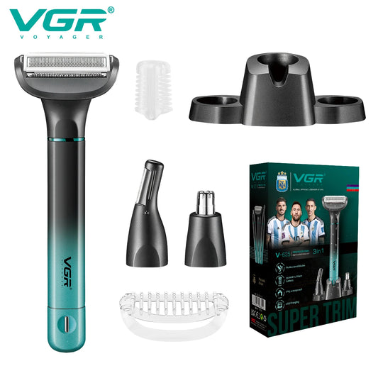 VGR  3in-1 Men's Personal Hair Trimming Set Rechargeable Professional Foil Shaver Portable Nose Hair Ear Hair Eyebrow Trimmer