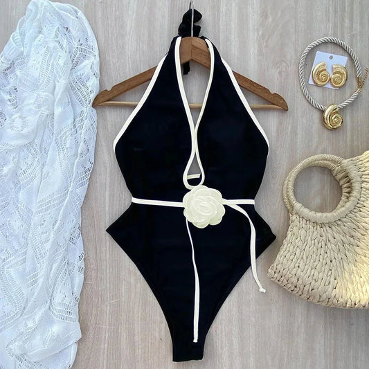 Floral One Piece Swimsuit 2025 New Halter Bandage Swimwear Women Swimsuit Bathing Suit Beachwear Monokini Female Swimming Suits