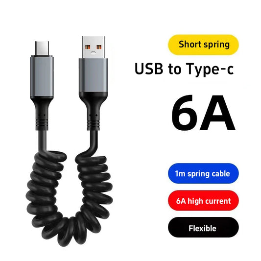 120W 6A USB Type C Data Cable Spring Telescopic Car Phone Charger USB C To Type C PD Fast Charging Cable for iPhone 15/14/13/12